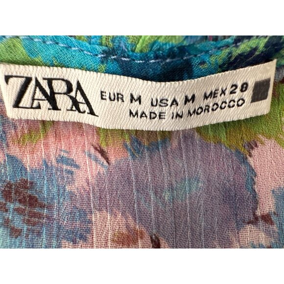 ZARA Floral Wrap Ruffle Blouse M Multicolor Sheer Long Sleeve Made In Morocco - Picture 3 of 11